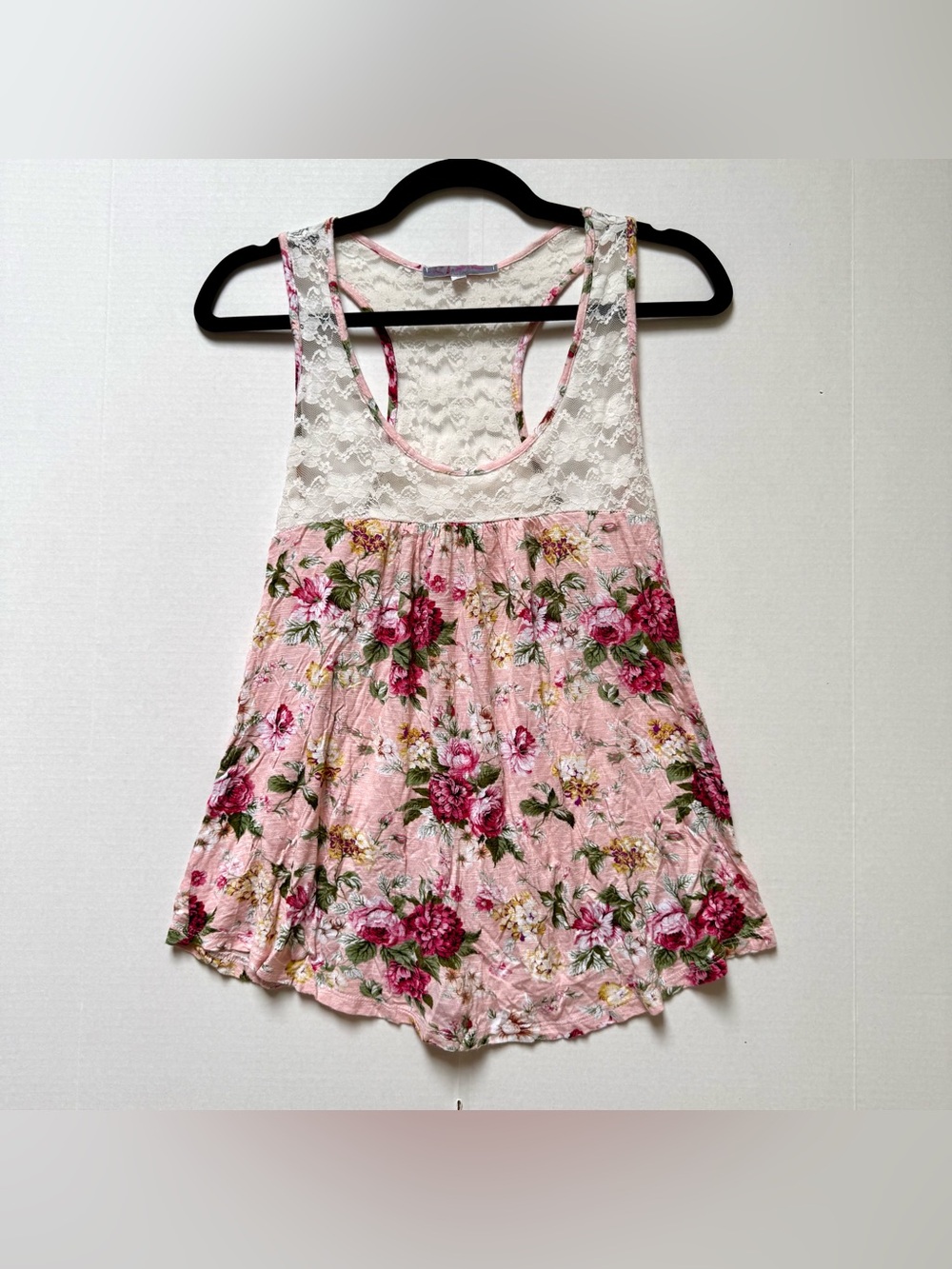 Y2K RACERBACK TANK LACE SHOULDERS PINK FLORAL FLOWY SIZE JNRS LARGE